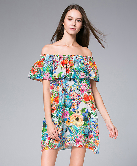 Dress - Flowers Printed silk crepe mini  dress